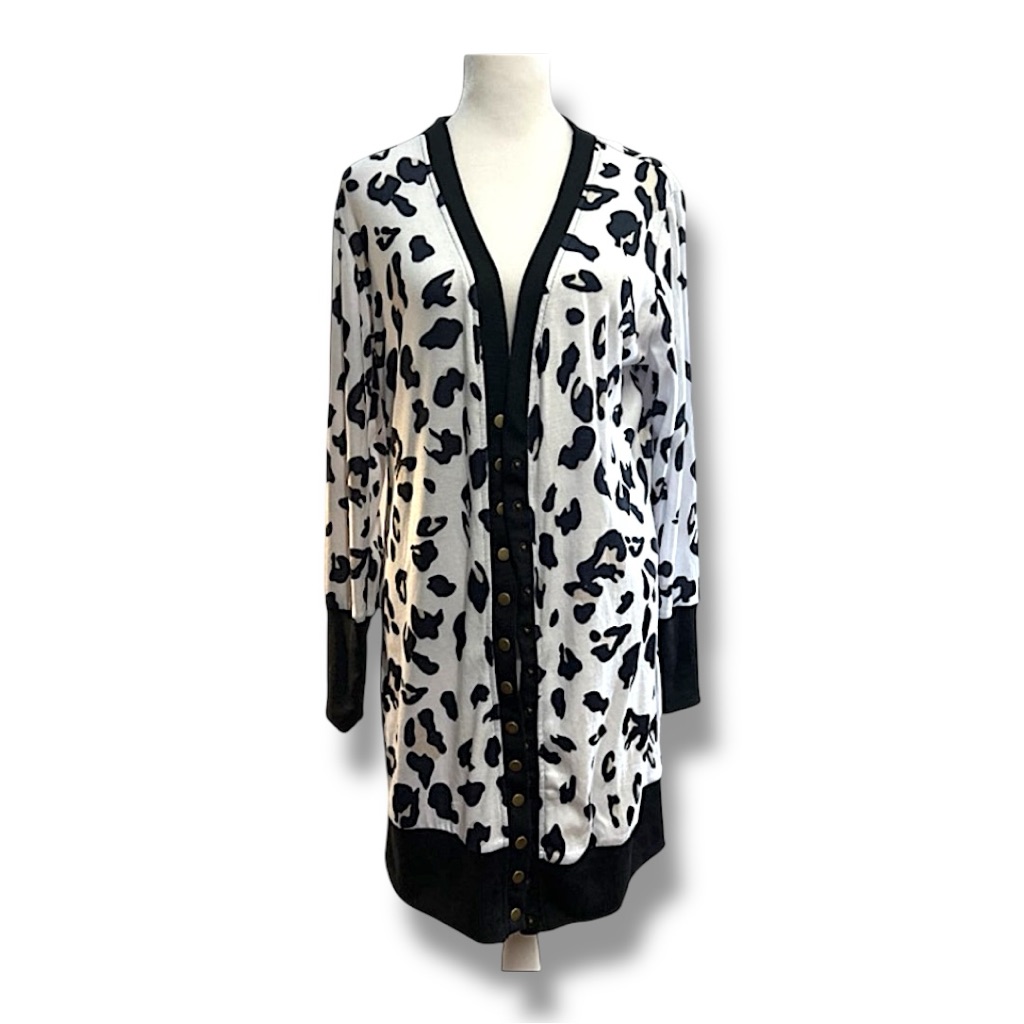 Black And White Cheetah Print Tunic Length Knit Cardigan Or Duster L Nwt